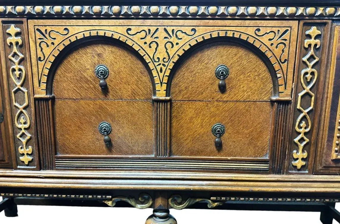 Antique 1920s Moorish Spanish Revival Walnut and Burlwood 66" Buffet Credenza - Image 3