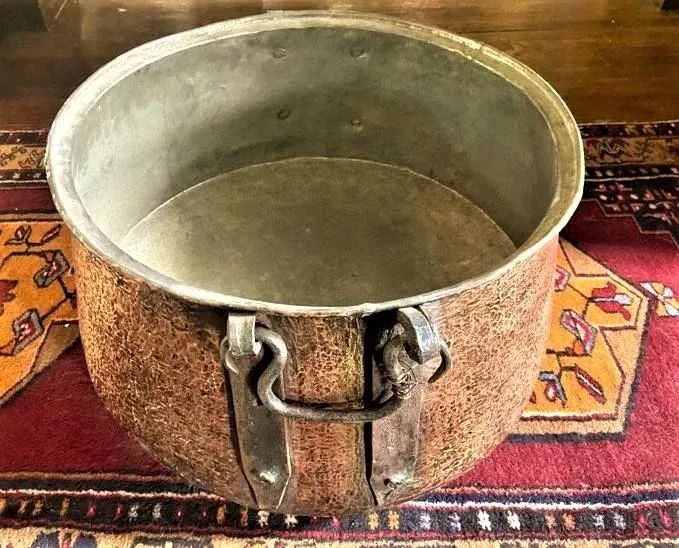 Large Antique Hammered Copper Cauldron With Hand Wrought Iron Handles - Image 3