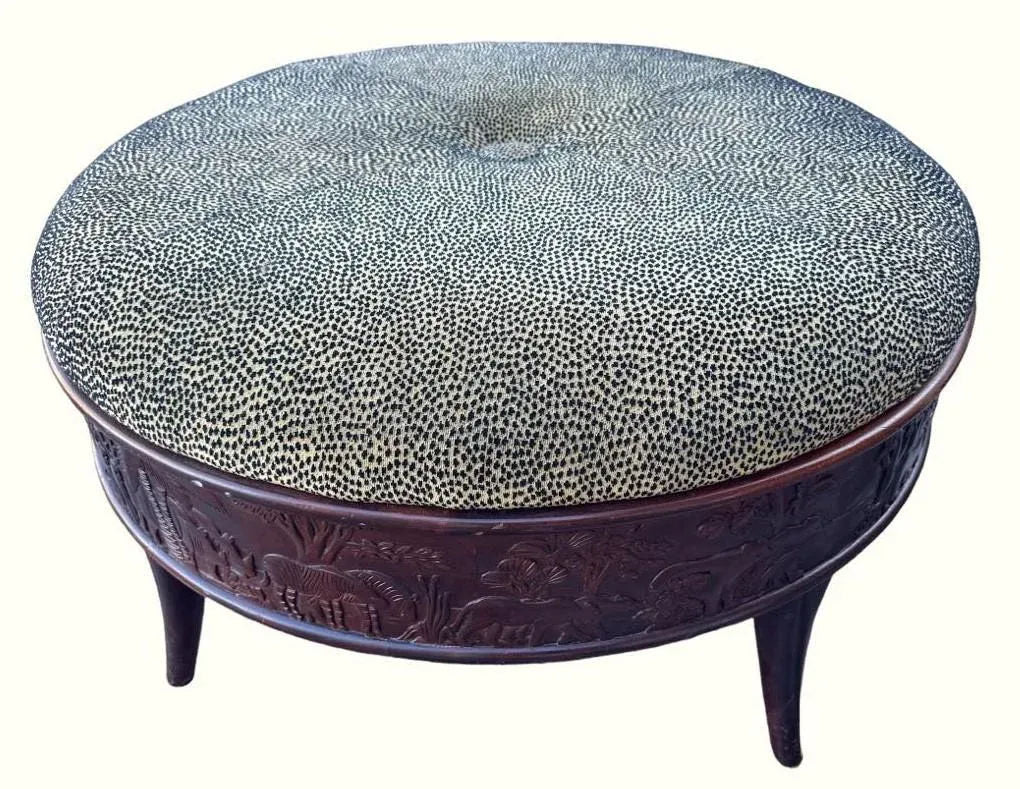 Sam Moore Safari Round Cocktail Ottoman With Carved Teakwood Frame and Cheetah Print Upholstery - Image 3