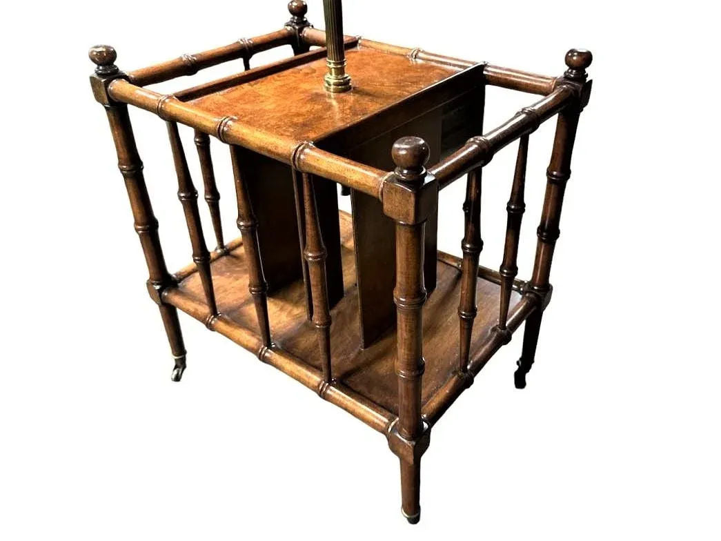 Faux Bamboo Fruitwood and Burlwood Canterbury Style Magazine Table and Floor Lamp - Vintage Mid 20th Century - Image 3