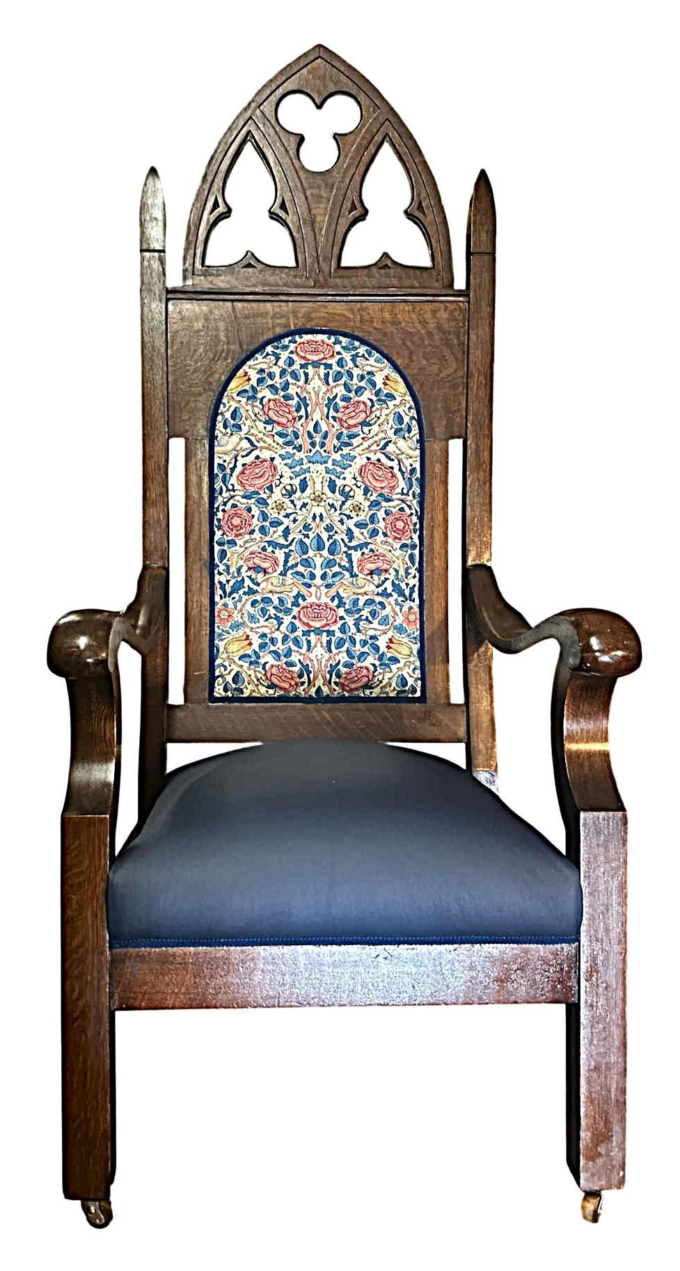 19th Century English Oak Bishop’s Throne Reupholstered With Leather and William Morris ‘Rose’ Linen - Image 3