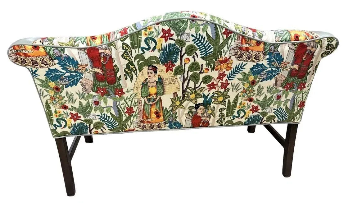 Pair of Chippendale Camelback Settees in ‘Frida’s Garden’ Chintz and Celadon Leather and Velvet - Image 3
