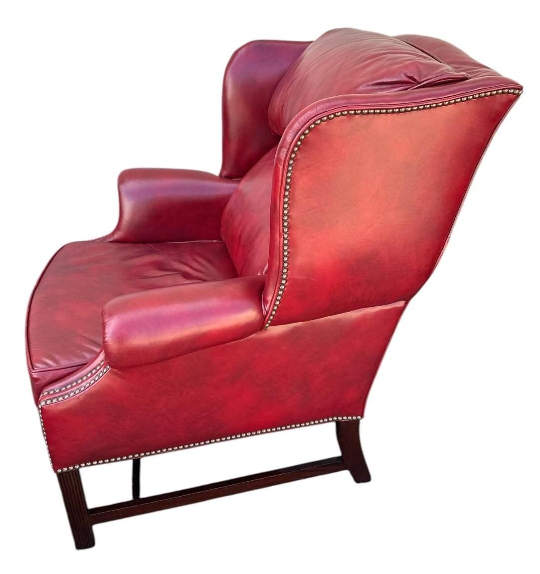 Cherry Red Leather and Mahogany Wingback Chair From St. Timothy of Hickory, North Carolina - Image 3