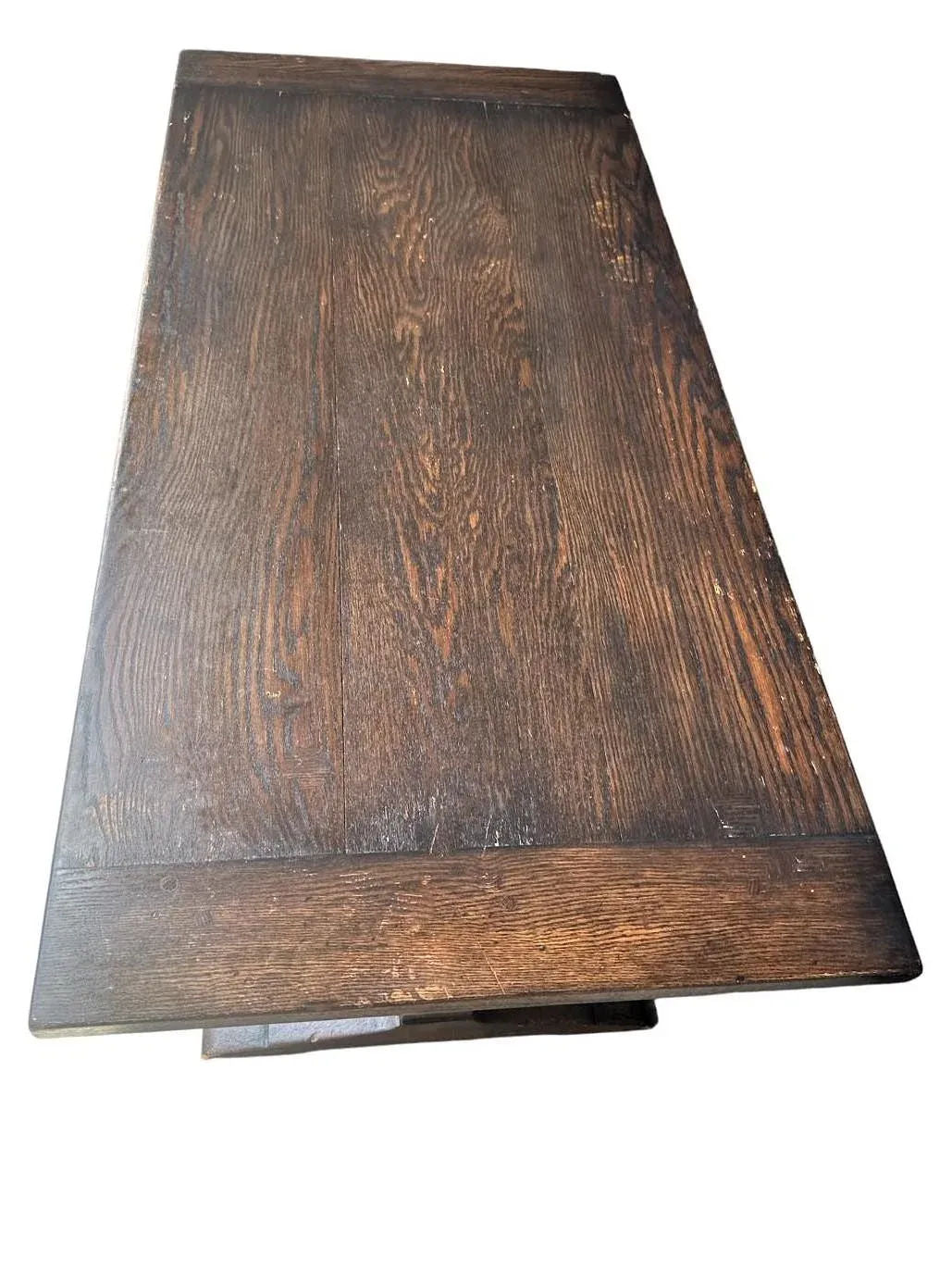 Antique Jacobean or Spanish Revival Dark Oak Trestle Library Table or Dining Table by Kensington Furniture Company - Image 3