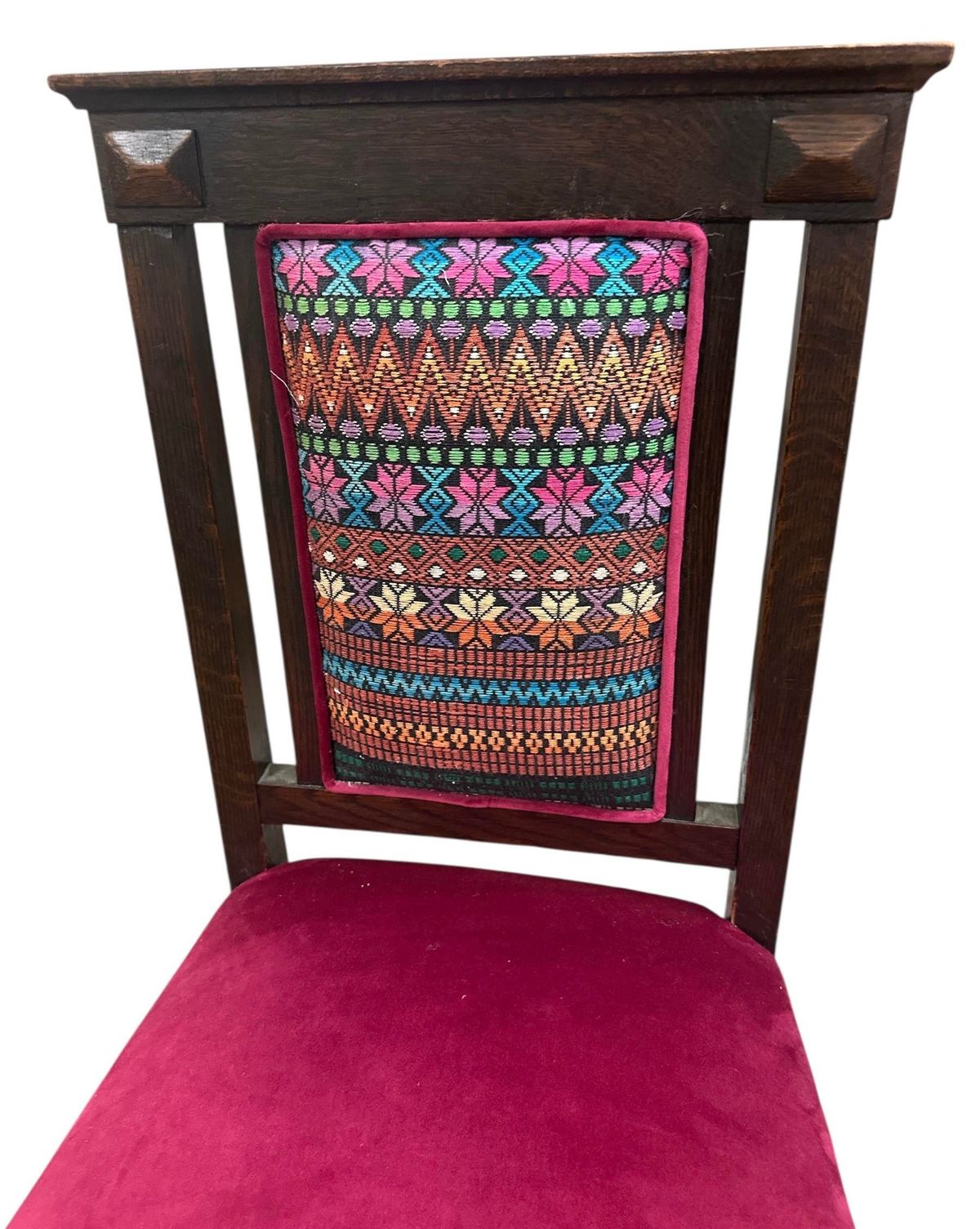 Early 20th Century Edwardian English Oak Dining Chairs With Vivid Mexican Embroidery Upholstery - Set of 6 - Image 3