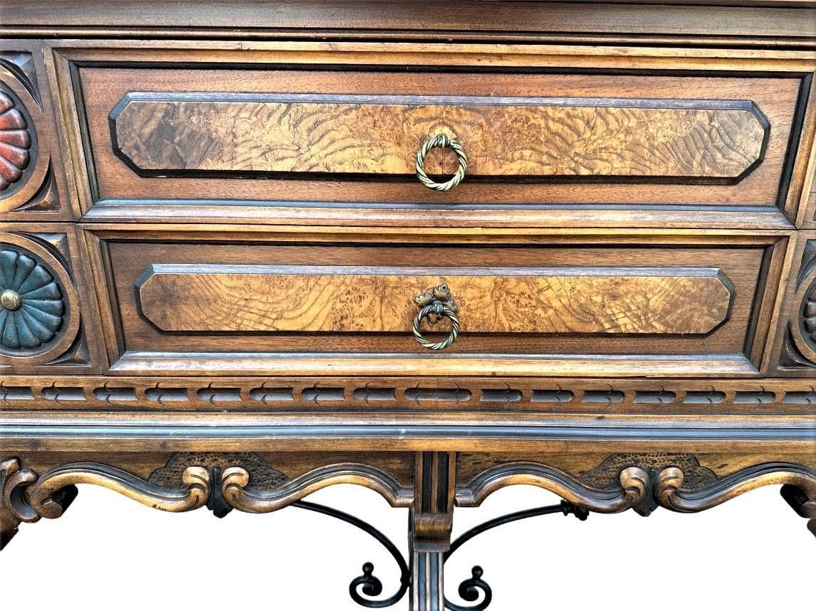 Antique Berkey & Gay Grand Rapids 72” ‘Span-Umbrian' Walnut, Burlwood and Polychrome Credenza or Buffet - Circa 1917 - Image 3