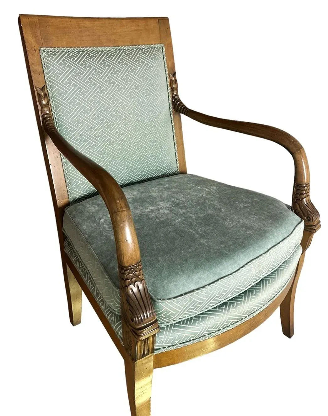 Baker Furniture Empire Style Carved Walnut Chair With Celadon Greek Key and Velvet Upholstery - Circa 1940s - Image 3