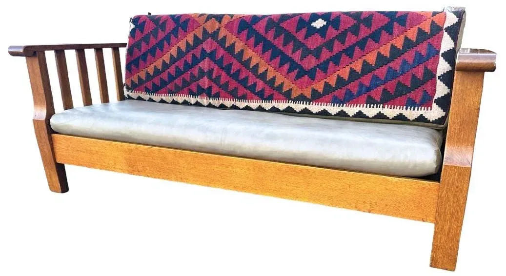 Antique Circa 1910 Oak Arts & Crafts Large 78” Settle With New Leather and Hand Made Persian Kilim Upholstered Cushions - Image 3