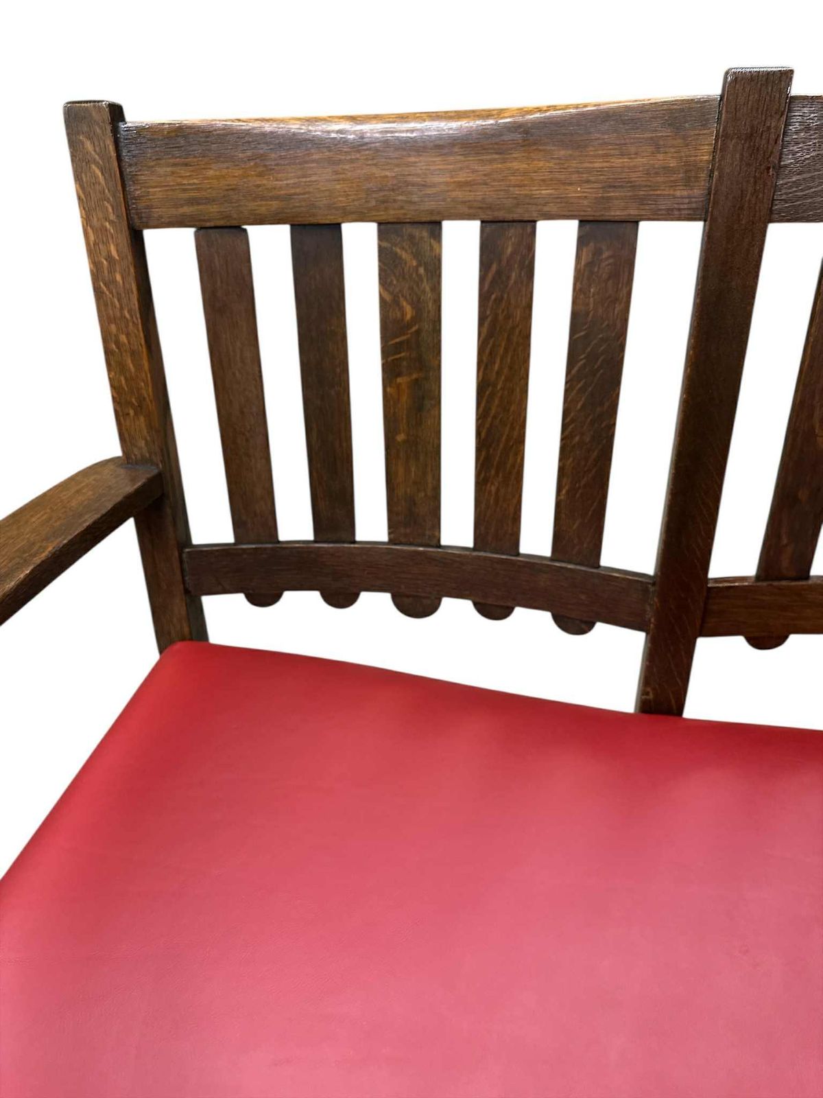 Stickley Brothers Grand Rapids Antique Settle Model #3887 - Quarter Sawn Oak and New Red Leather Seat - Circa 1910 - Image 3