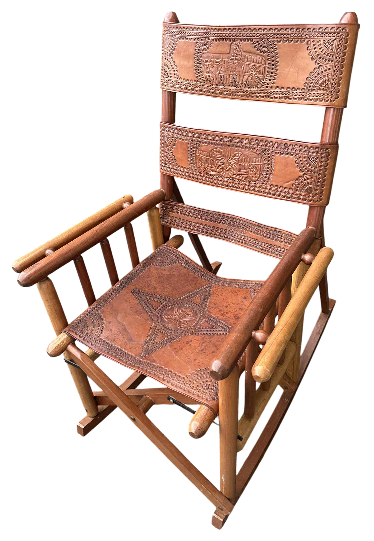 Late 20th Century Costa Rican Vintage Teak and Embossed Leather Folding Rocking Chairs - A Pair - Image 3