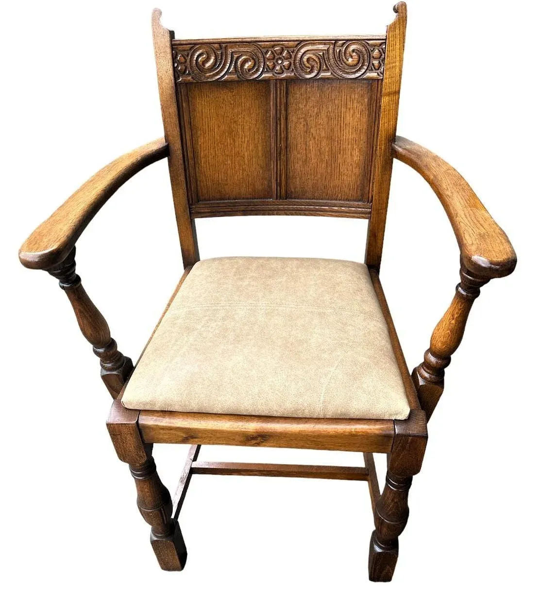 19th Century Antique English Arts & Crafts Oak Dining Chairs With New Leather Seats - Set of 6 - Image 3