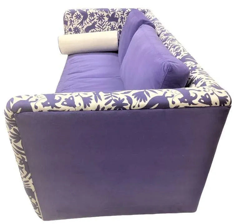 Otomi Print and Velvet Upholstery on Large Mid 20th Century Vintage Hollywood Regency Tuxedo Sofa - Image 3