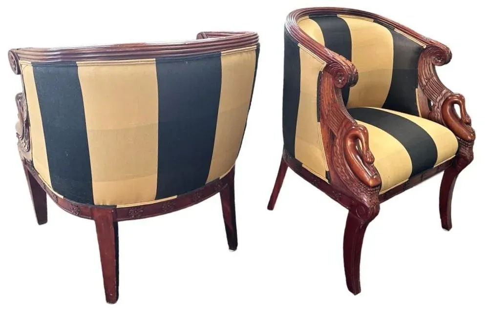 English Regency Mahogany Bergeres With Swan Head Carving and New Upholstery - a Pair - Image 3