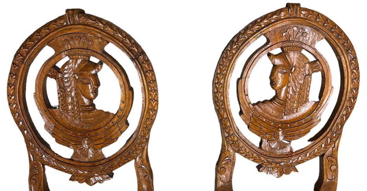Louis XVI Carved Oak French Accent Chairs With New Caramel Colored Leather Seats - a Pair - Image 3