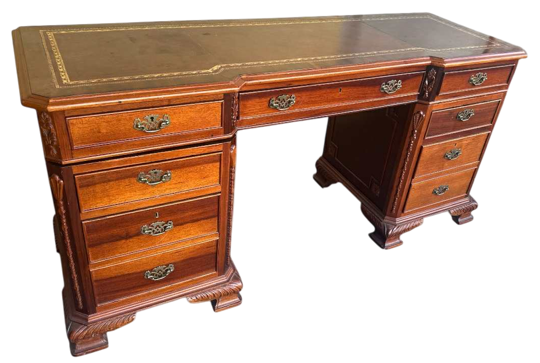 Carved Mahogany Double Pedestal Desk With Tooled Leather Top - Vintage Late 20th Century - Image 3