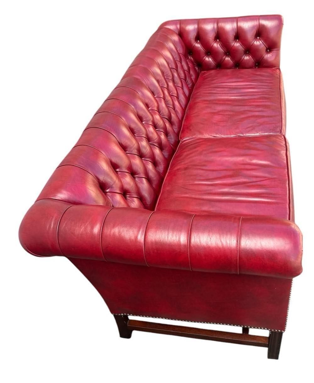 Cherry Red Leather and Mahogany Chesterfield Sofa by St. Timothy of Hickory, North Carolina - Image 3