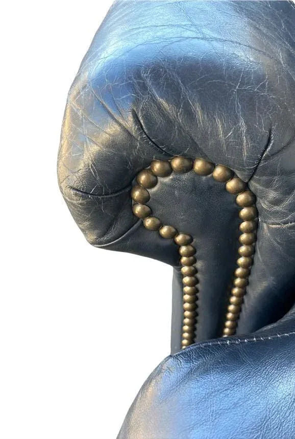 Vintage Button Tufted Leather Dark Blue Chair Made in North Carolina - Late 20th Century - Image 3