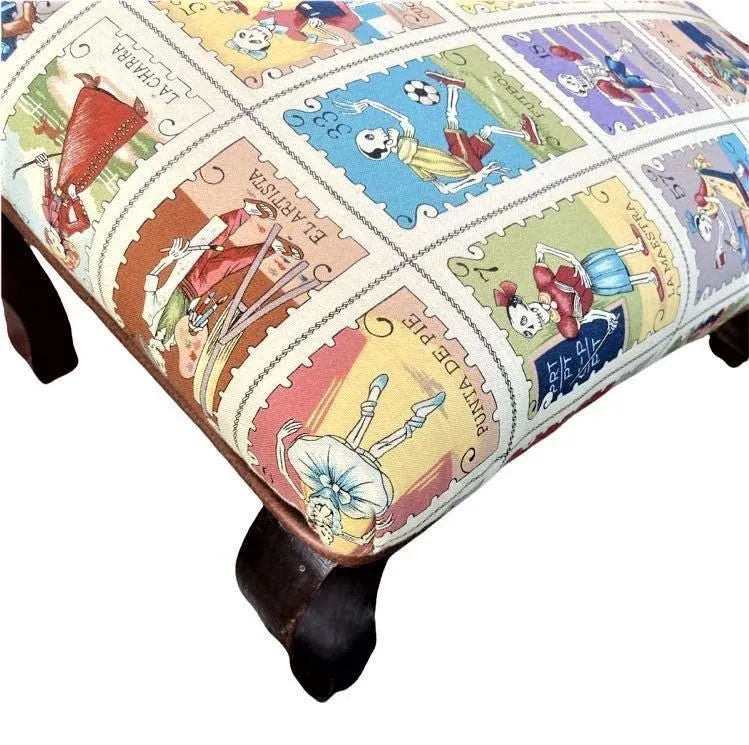 Mexican Loteria Fabric and New Leather Upholstery on Antique Footstools - a Pair - Image 3
