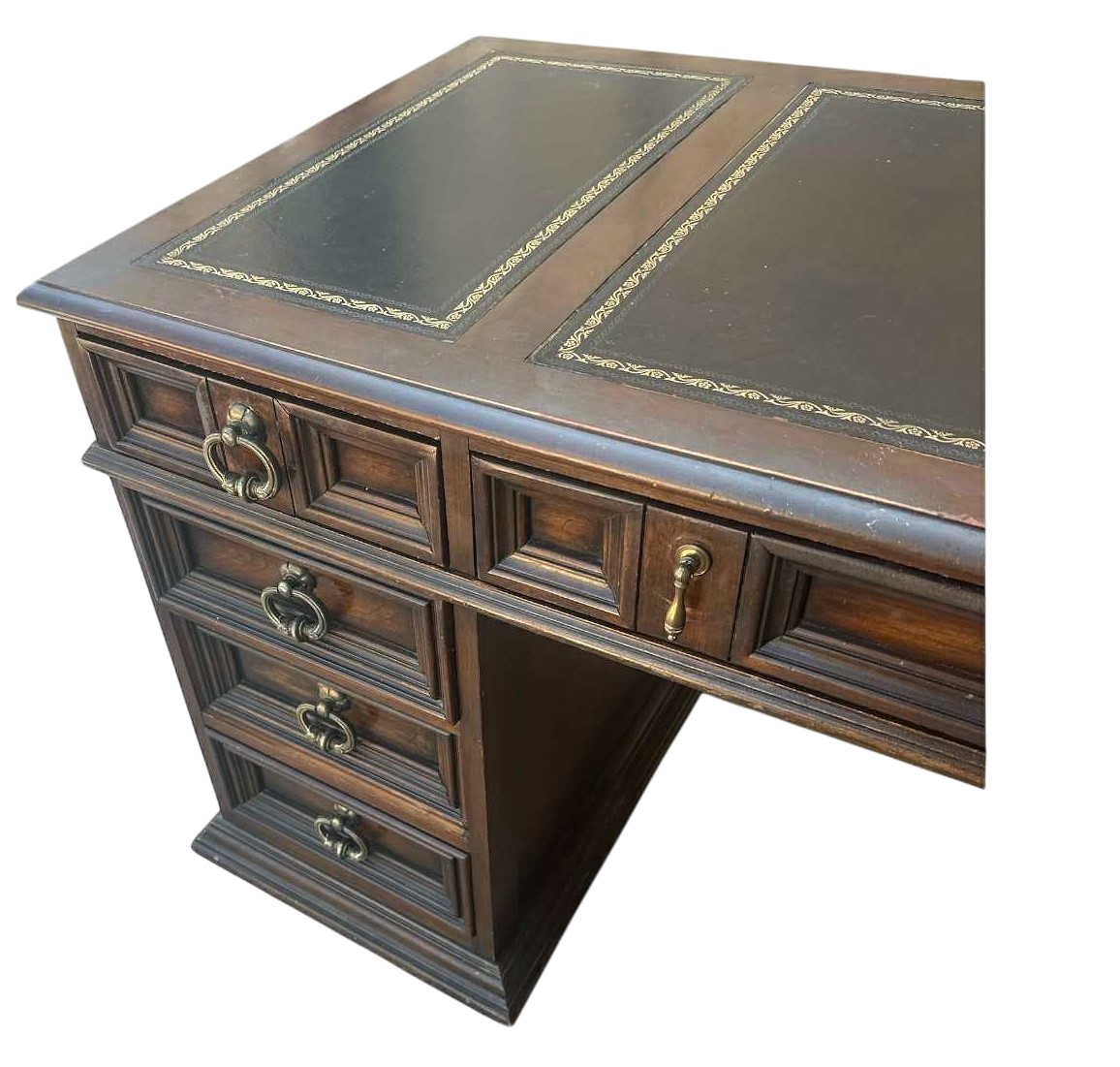 Solid Walnut Leather Topped Spanish Revival Coffered Desk - Vintage Mid 20th Century - Image 4