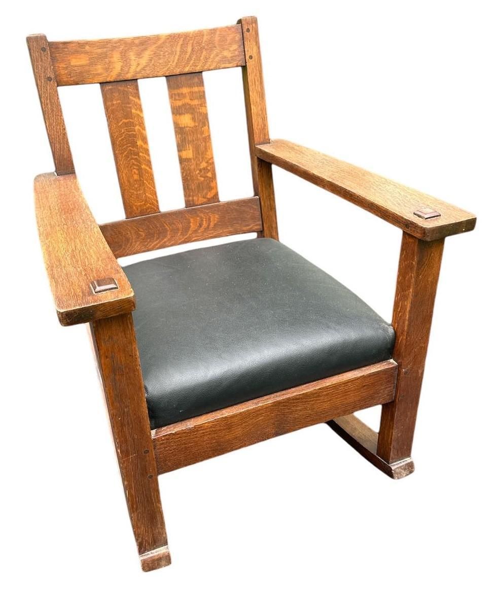 Signed Limbert Collectible Antique Arts & Crafts Quarter Sawn Oak Rocking Chair - Image 4