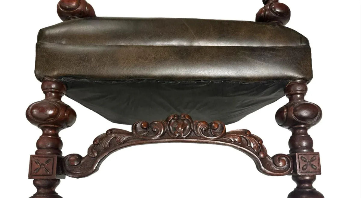 Antique Carved Hacienda Chair Upholstered With Oaxaca Wool Tapestry and Leather - Image 4
