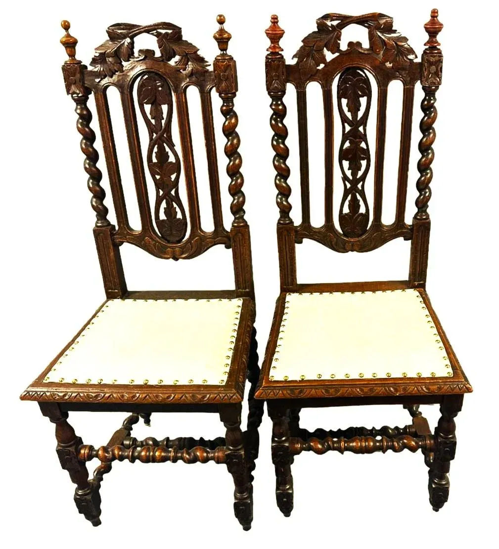 19th Century French Antique Carved Oak Dining Chairs With New Seat Upholstery - Set of 6 - Image 4