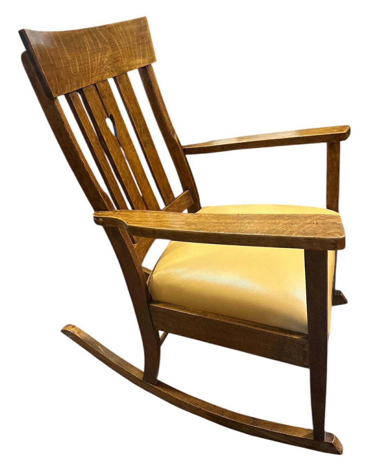Antique Arts and Crafts Quarter Sawn Oak Rocking Chair With Heart Cutout and New Mustard Leather Seat - Circa 1905 - Image 4