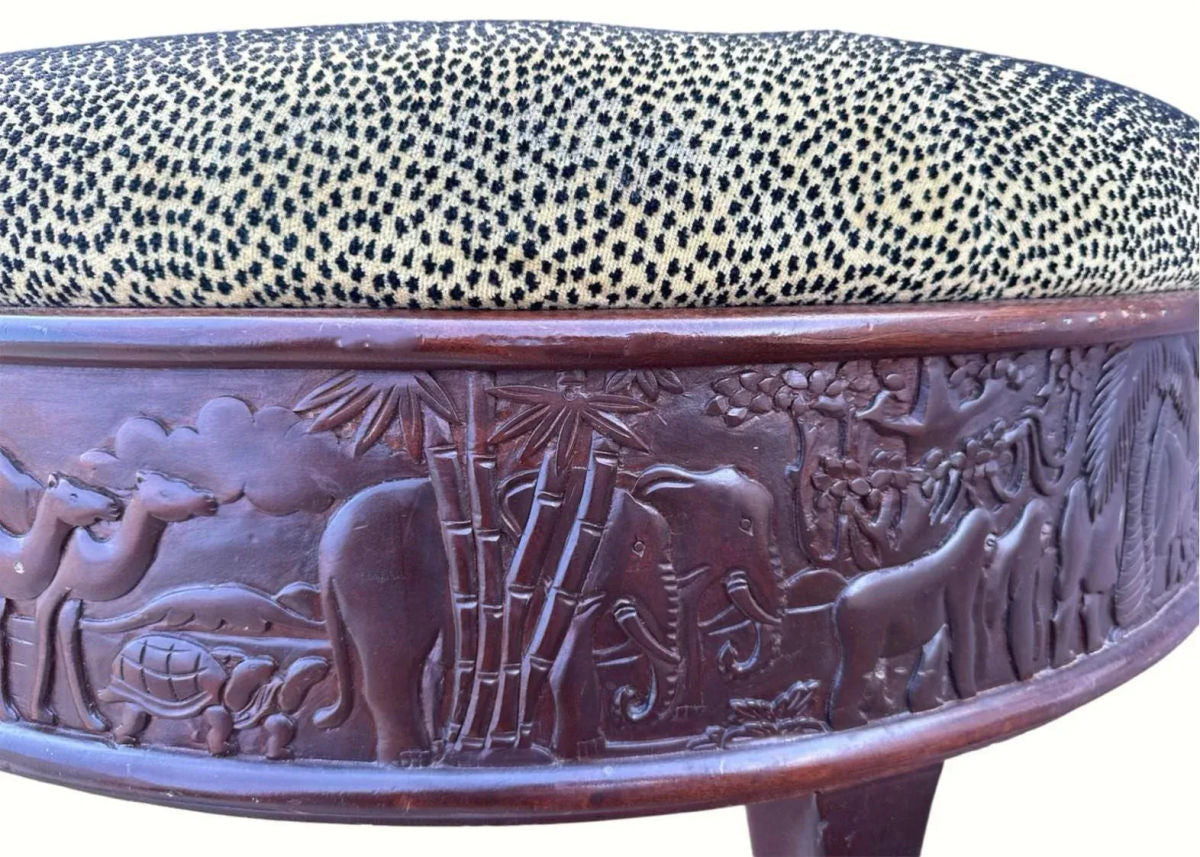 Sam Moore Safari Round Cocktail Ottoman With Carved Teakwood Frame and Cheetah Print Upholstery - Image 4