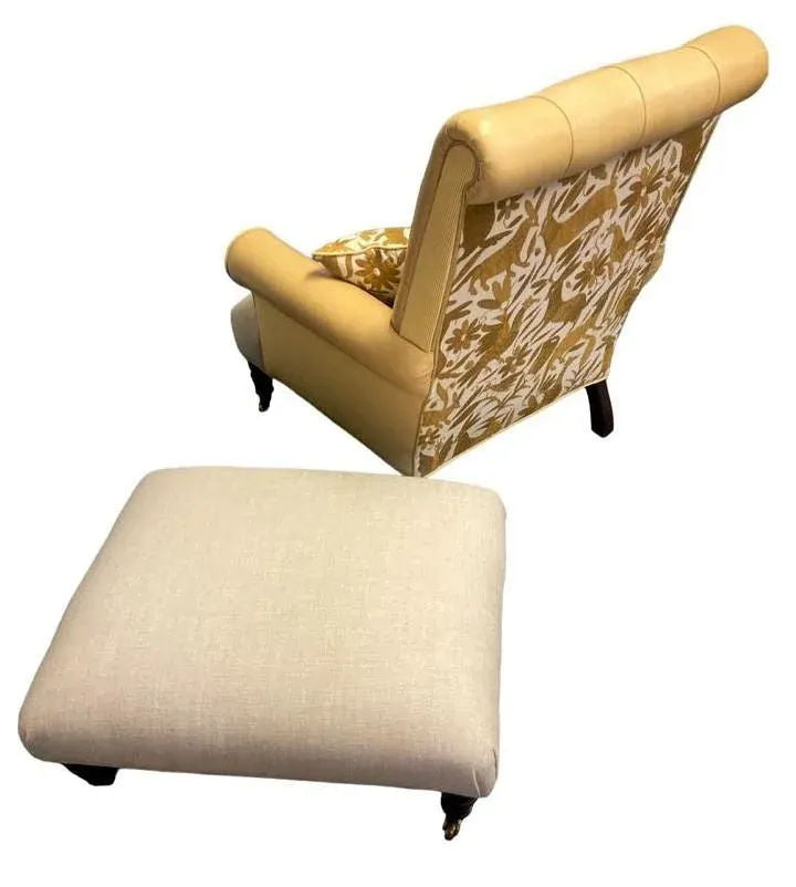 Ralph Lauren Home Vintage Chesterfield Chair and Ottoman Reupholstered With Otomi Hand Embroidery and Leather - Image 4