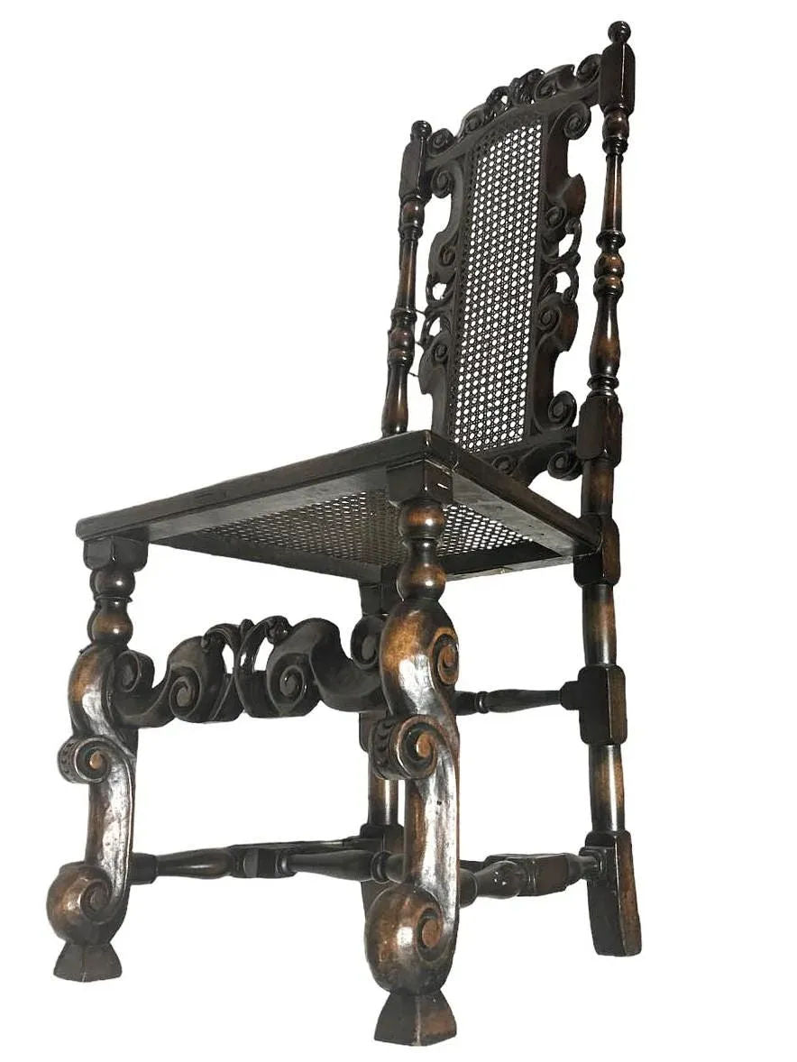 Antique Spanish Hacienda Style Accent Chair in Carved Walnut and Caning - Early 20th Century - Image 4