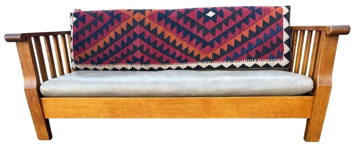 Antique Circa 1910 Oak Arts & Crafts Large 78” Settle With New Leather and Hand Made Persian Kilim Upholstered Cushions - Image 4