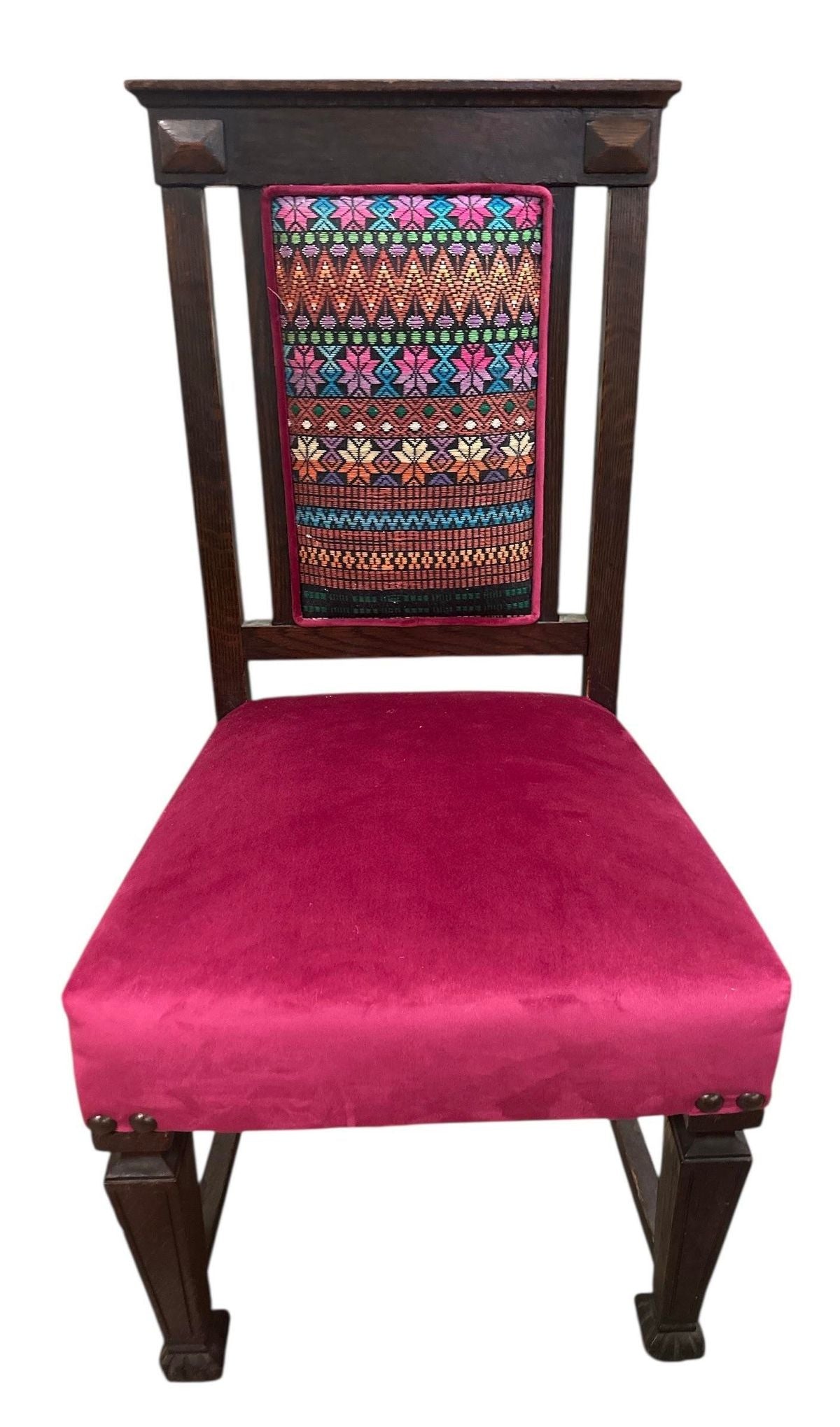 Early 20th Century Edwardian English Oak Dining Chairs With Vivid Mexican Embroidery Upholstery - Set of 6 - Image 4