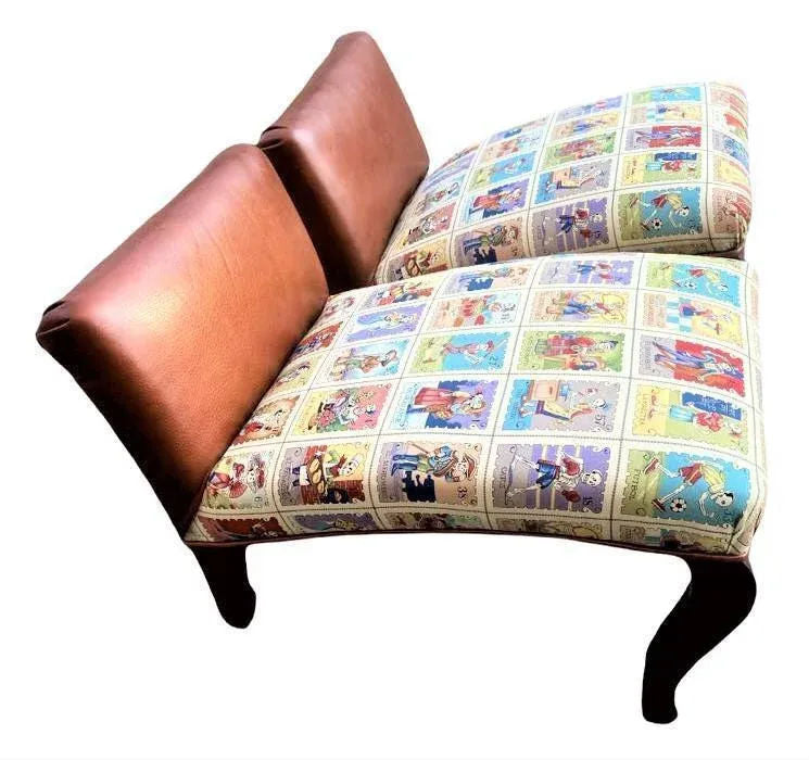 Mexican Loteria Fabric and New Leather Upholstery on Antique Footstools - a Pair - Image 4