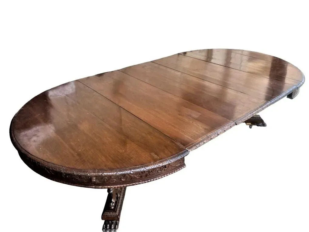 Monumental 10' X 5.5' Renaissance Revival French Walnut Banquet Table With 12 Chairs - Antique Circa Mid 19th Century - Image 4