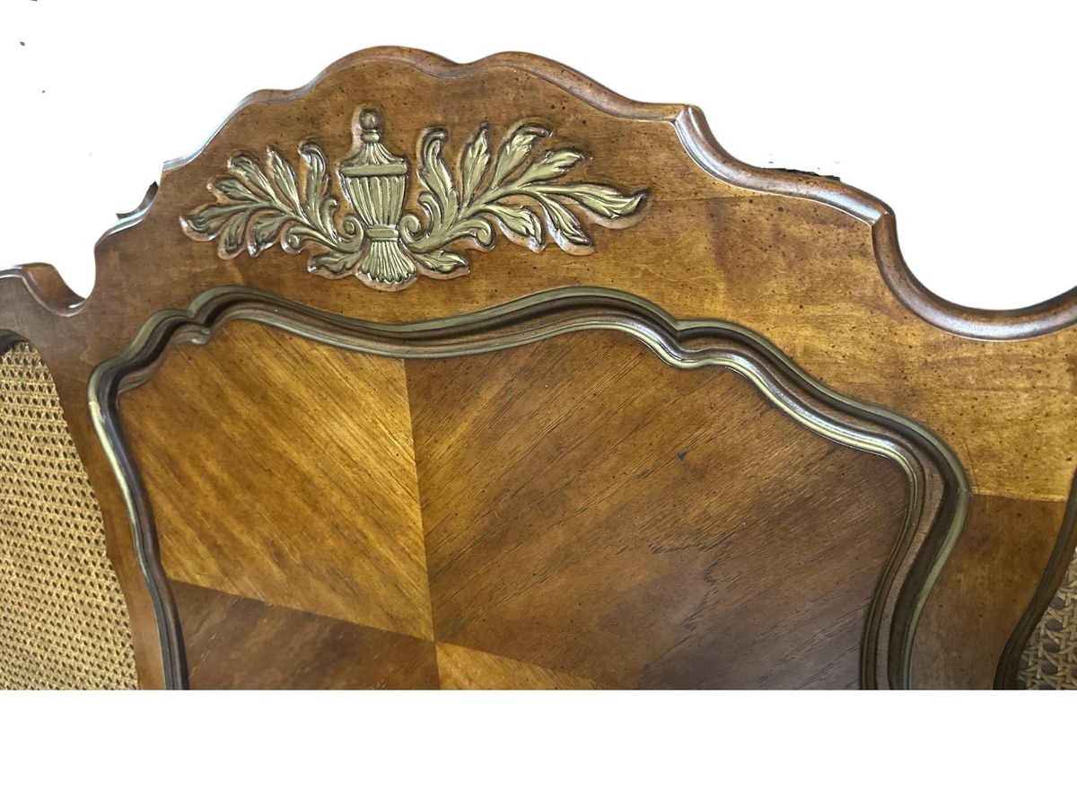 Queen Size French Provincial Louis XV Style Walnut, Burlwood and Caning Headboard - Vintage 1960s - Image 4
