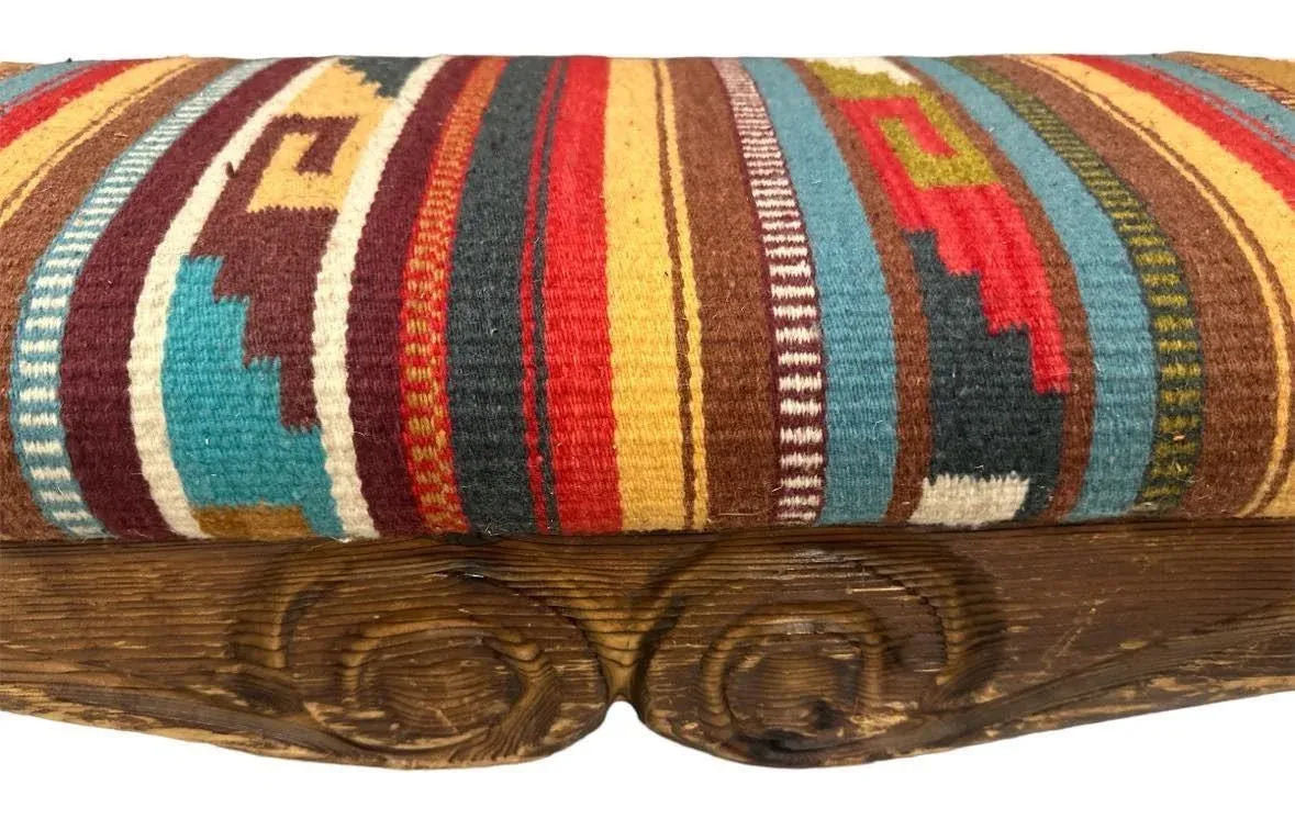 Rustic Hand Carved Mexican Wooden Bench With New Zapotec Tapestry Seat From Oaxaca - Image 4