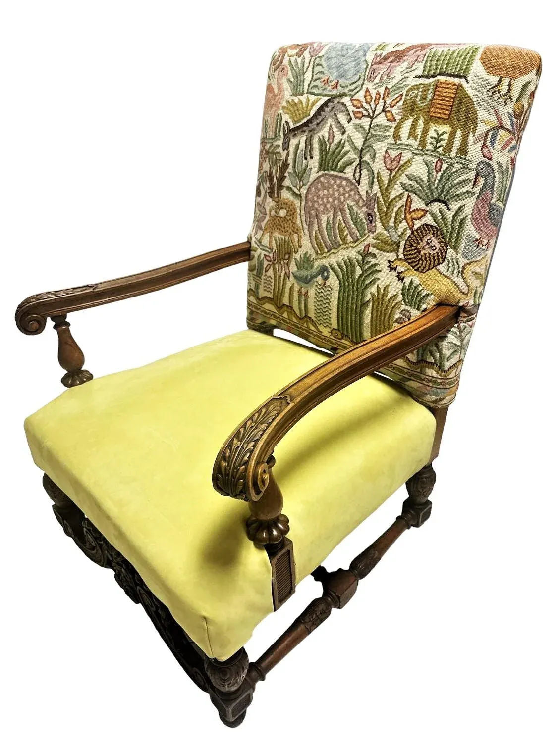 Antique Hacienda Chair With New Leather and Tapestry Upholstery - Image 4