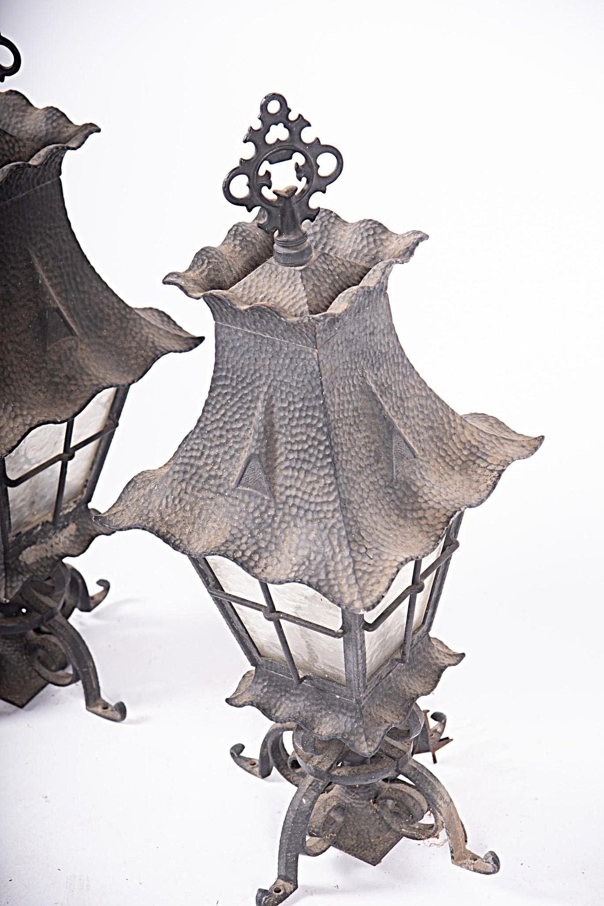 Pair of Spanish Revival Hammered Metal Lanterns - Vintage Late 20th Century - Image 4