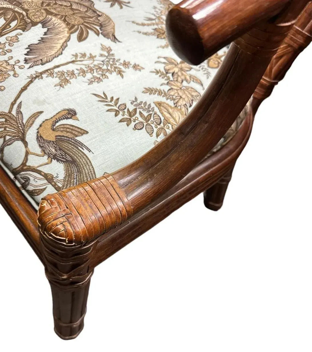 Pair of Vintage Bernhardt Rattan Chairs With New Schumacher Linen ‘Coconut Grove’ Seat Upholstery - Image 4
