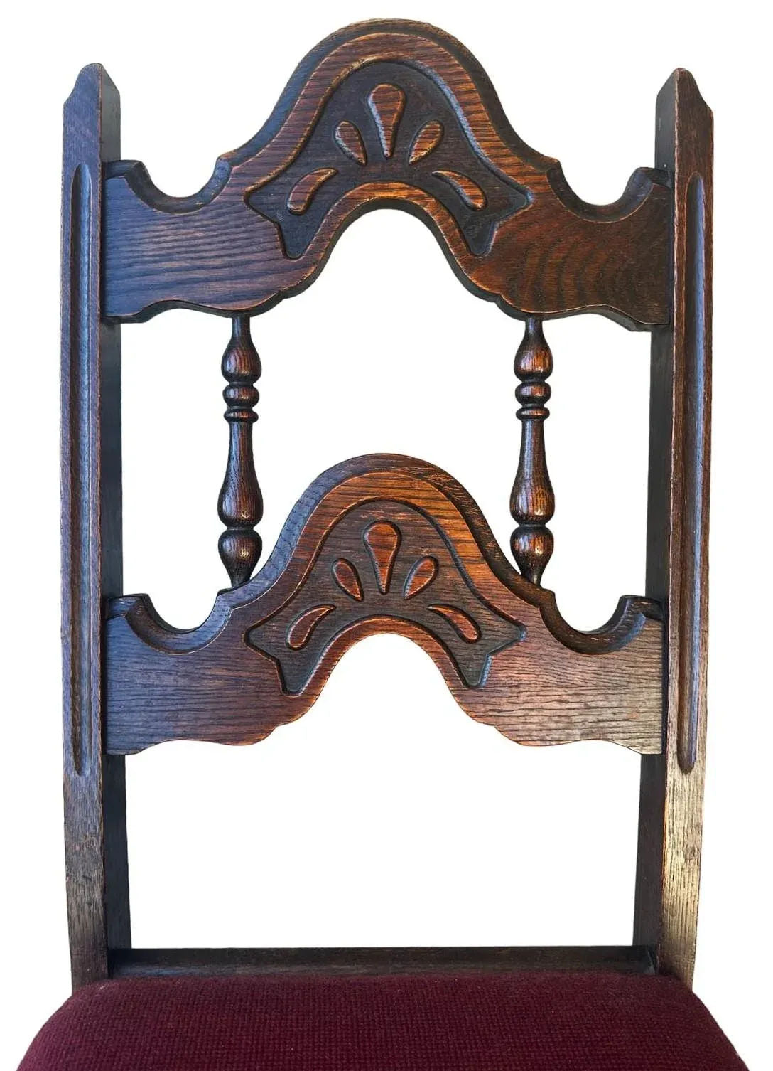 Antique 1920s Spanish Revival or Jacobean Carved Oak Dining Chairs With Needlepoint Seat Upholstery - Set of 6 - Image 4
