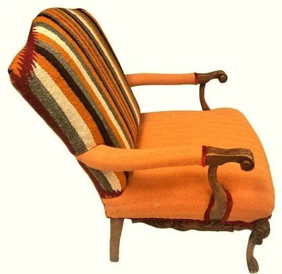 Pumpkin Colored Carved Antique Hacienda Chair Reupholstered With Hand Loomed Oaxaca Tapestry and Manta Cloth - Image 4