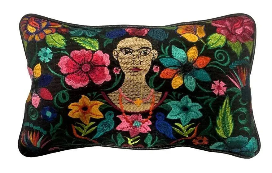 Frida Kahlo Image Chiapas Embroidery and Black Leather Accent Pillows - a Pair - Newly Made - Image 4