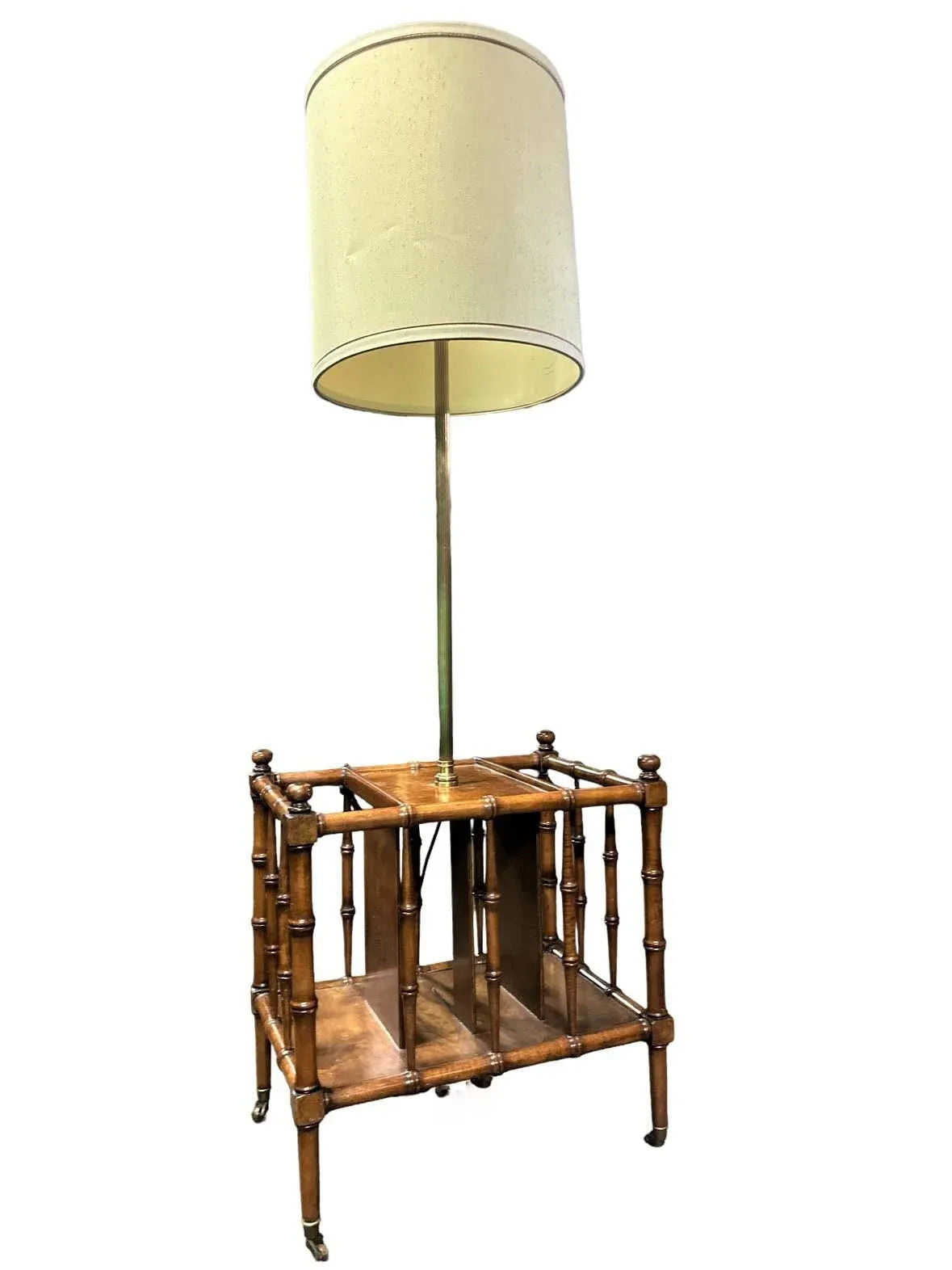 Faux Bamboo Fruitwood and Burlwood Canterbury Style Magazine Table and Floor Lamp - Vintage Mid 20th Century - Image 4