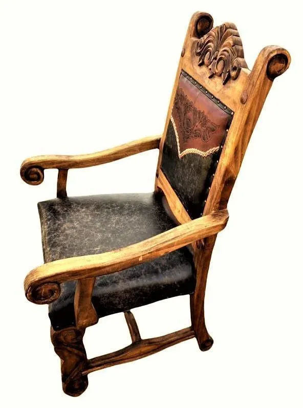 Custom Made Mexican Hacienda Chairs in Tooled Leather and Carved Wood - Set of 6 - Image 4