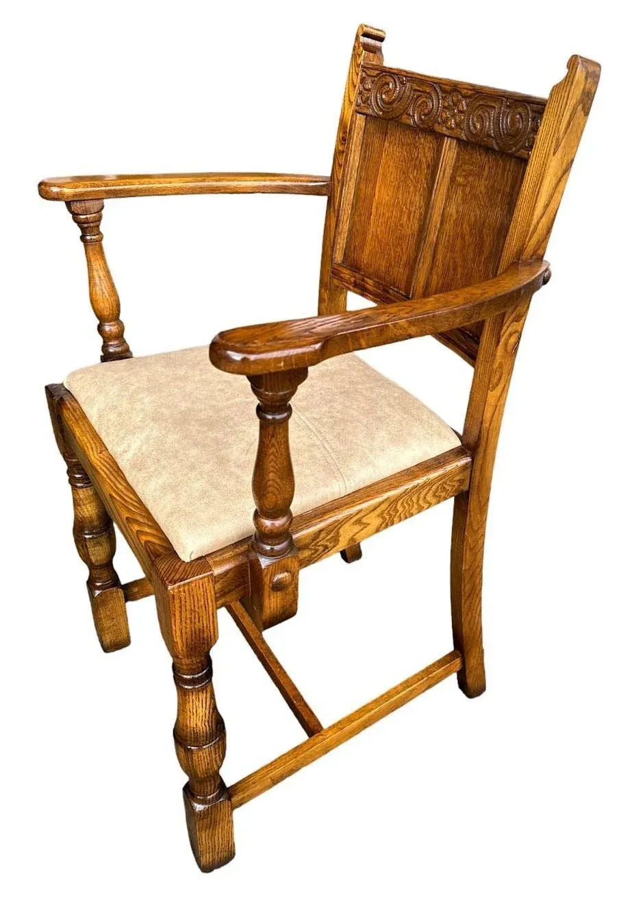 19th Century Antique English Arts & Crafts Oak Dining Chairs With New Leather Seats - Set of 6 - Image 4