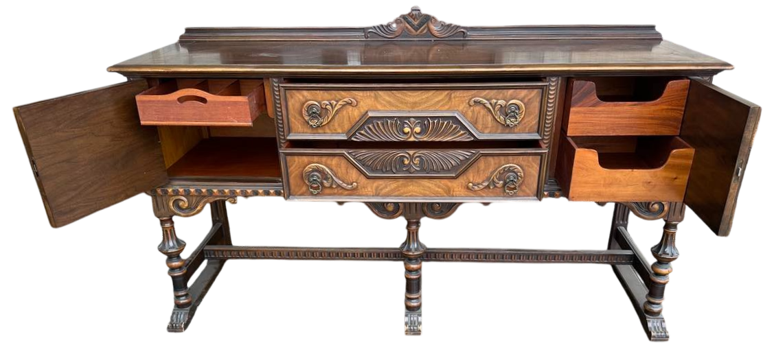 Antique Berkey & Gay Spanish Revival Ornate Walnut and Burlwood 72" Sideboard - Crafted in Grand Rapids Circa 1917 - Image 4