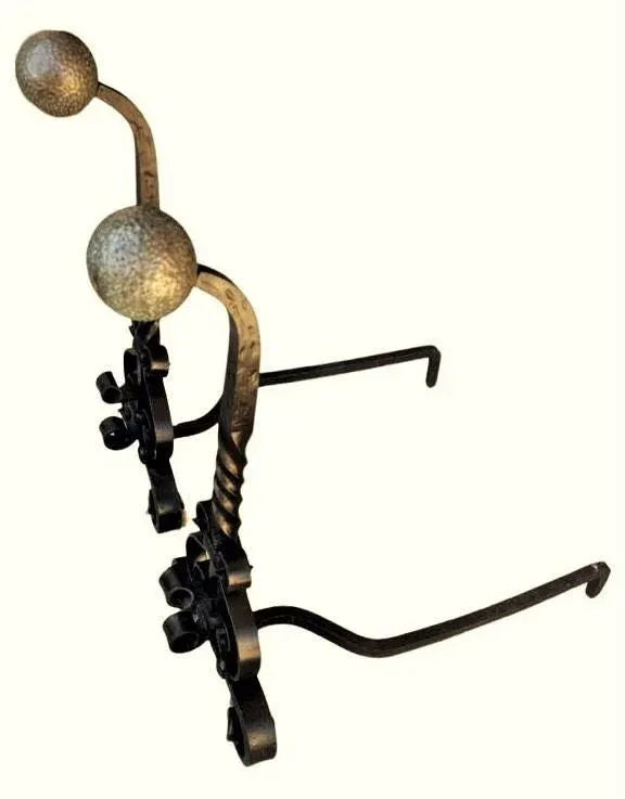Massive 31" High Antique Arts & Crafts Pair of Andirons - Wrought Iron and Brass - Late 19th Century - Image 4