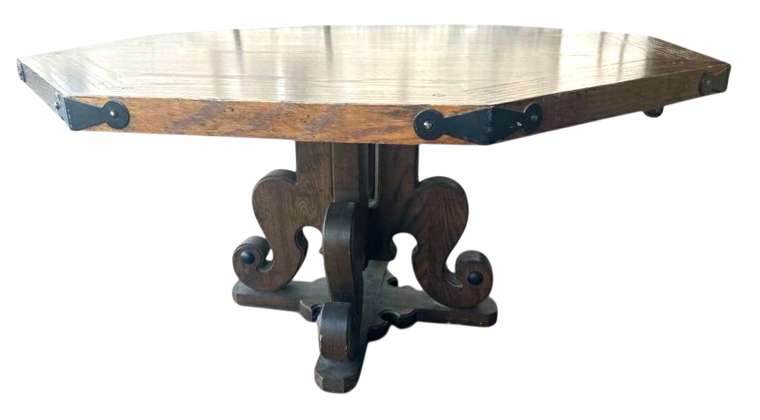 Solid Oak Spanish Colonial Revival Octagonal Game Table and Four Chairs on Brass Casters - Vintage Late 20th Century - Image 4