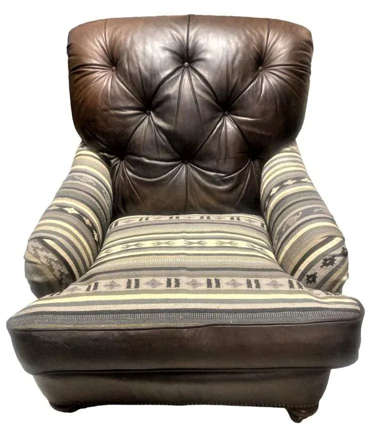 Vintage Chesterfield Leather Writer's Chair and Ottoman With Oriental Tapestry Details - Image 4