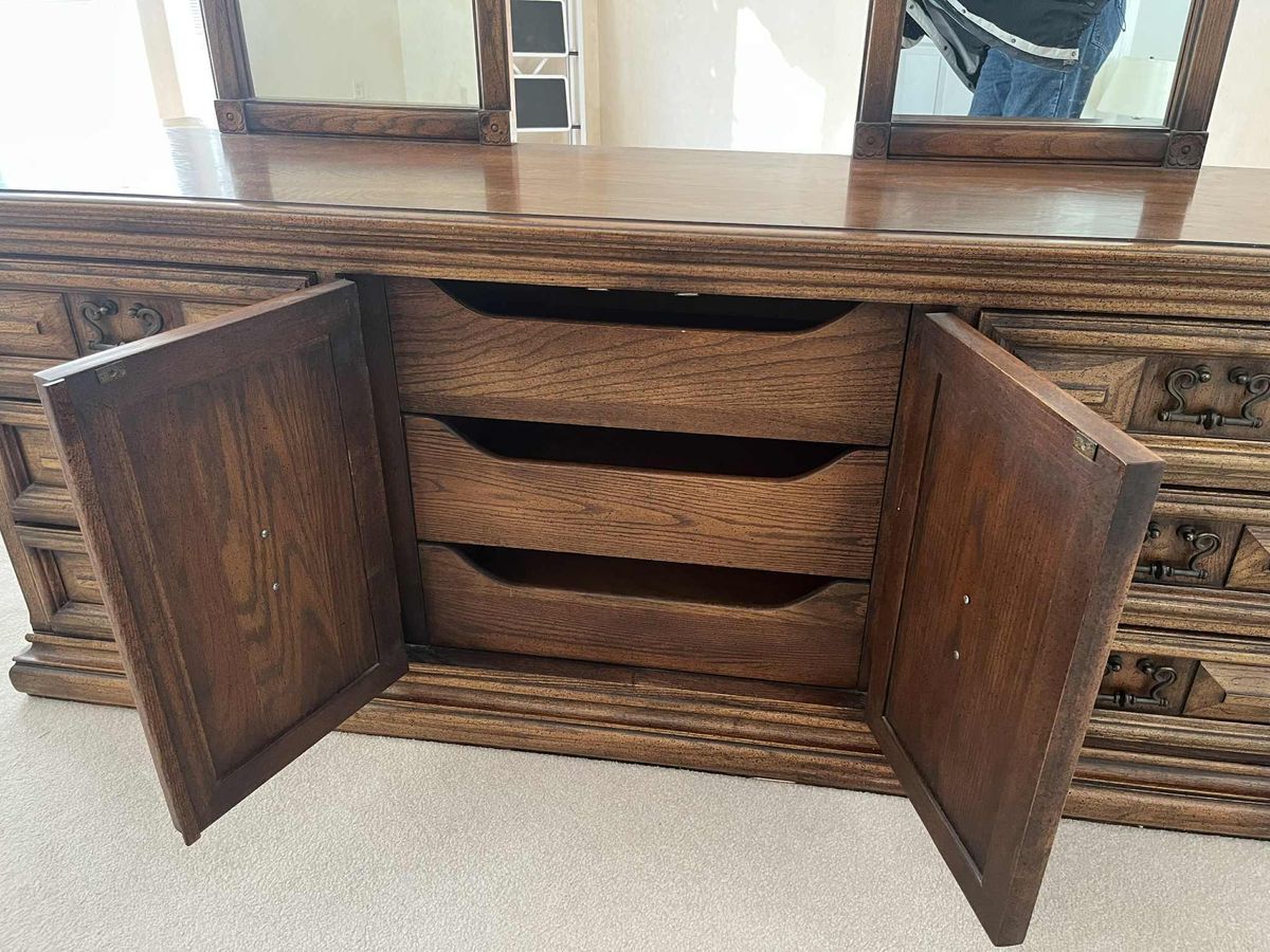 Spanish Revival Vintage Carved Solid Oak Triple Dresser With Mirrors Crafted in North Carolina by United Furniture - Image 4
